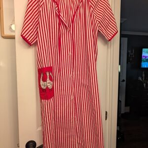 Red and White Striped Button-Up Dress with Goose Patch